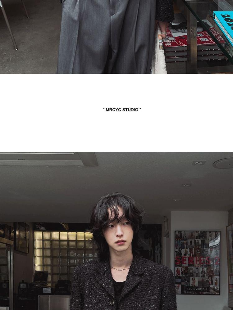 Notch Lapel Button-Up Plain Tweed Crop Jacket Product Image