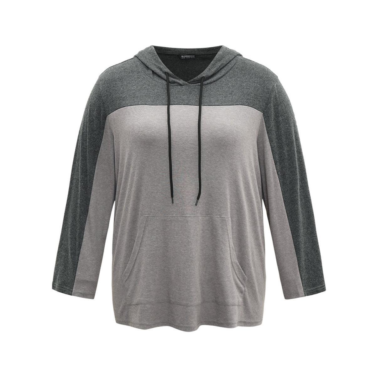 Plus Size Patchwork Contrast Pocket Hooded Drawstring T-shirt Gray Women Casual Contrast Plain Hooded Dailywear T-shirts BloomChic 22-24/3X Product Image