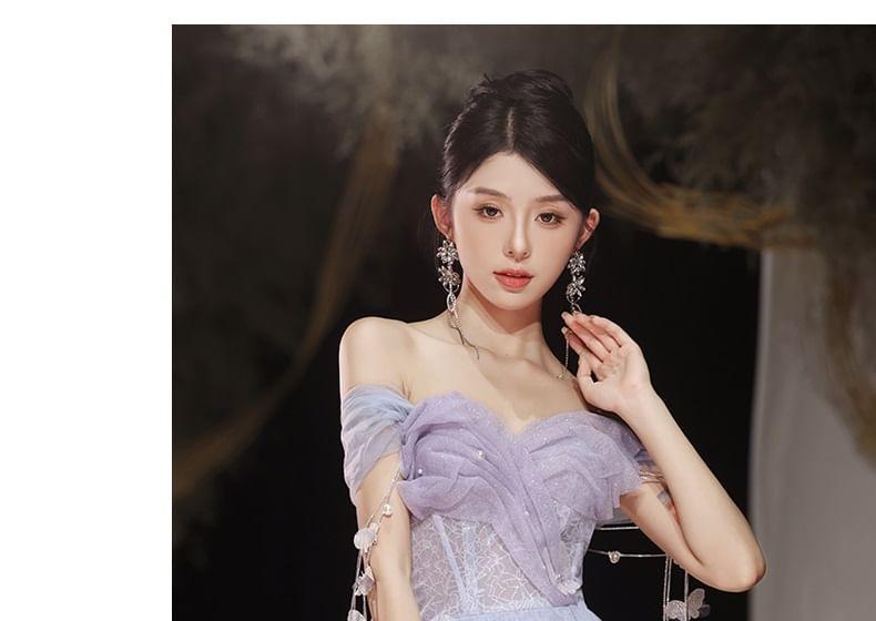 Off-Shoulder Shirred A-Line Mesh Evening Gown Product Image