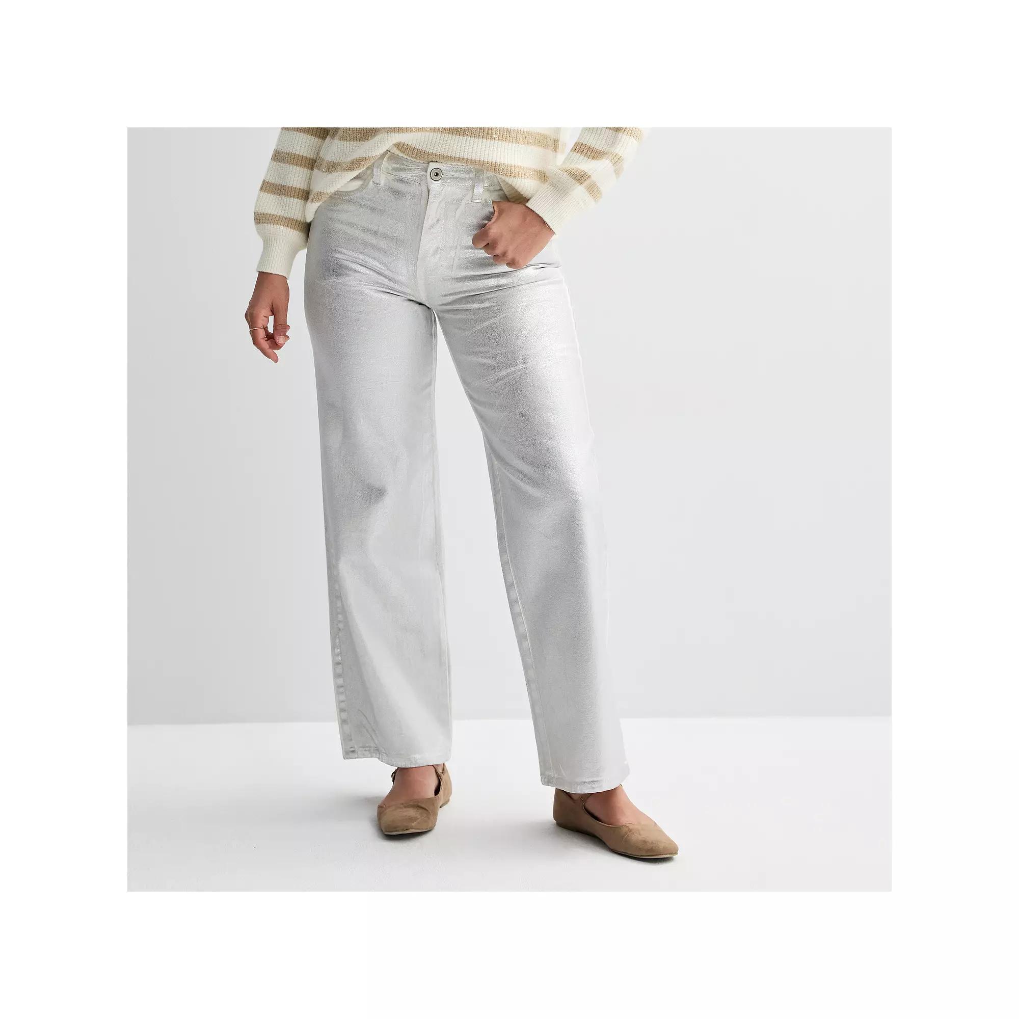Women's Fourth + Bay Straight-Fit Foiled Denim Pants, Size: 16, Silver Product Image