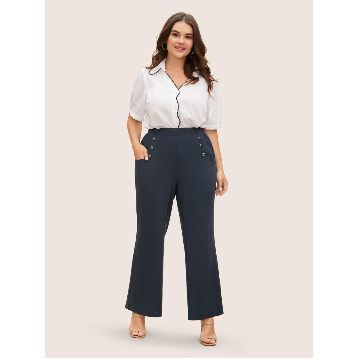 Plus Size Silver-Button Wide-Leg Pants Women Midnight Elegant Wide Leg Mid Rise Everyday Pants BloomChic 22-24/3X Product Image