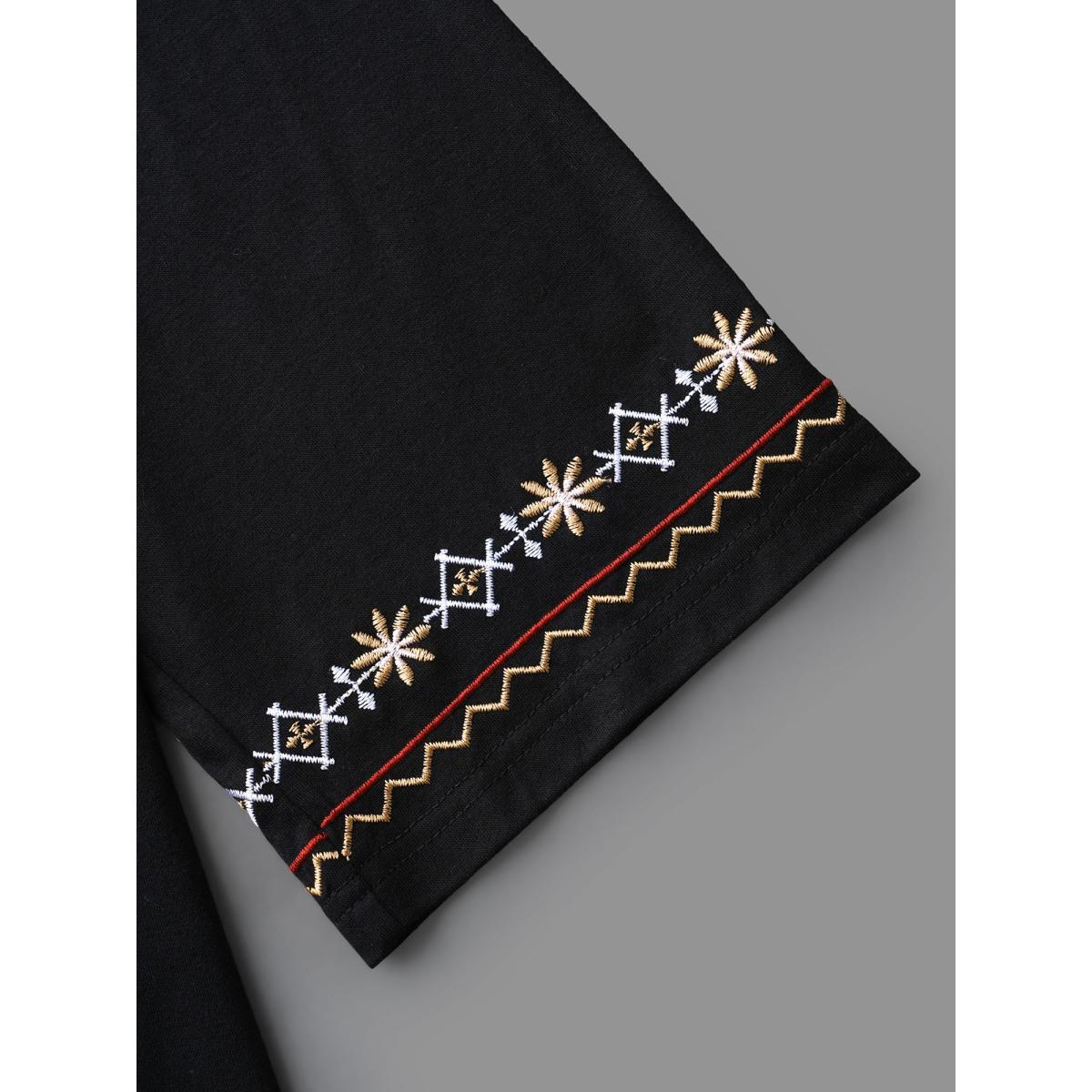 Plus Size Floral Embroidered V-Neck T-shirt Black Women Elegant Embroidered Natural Flowers V-neck Everyday T-shirts BloomChic 12/L Product Image