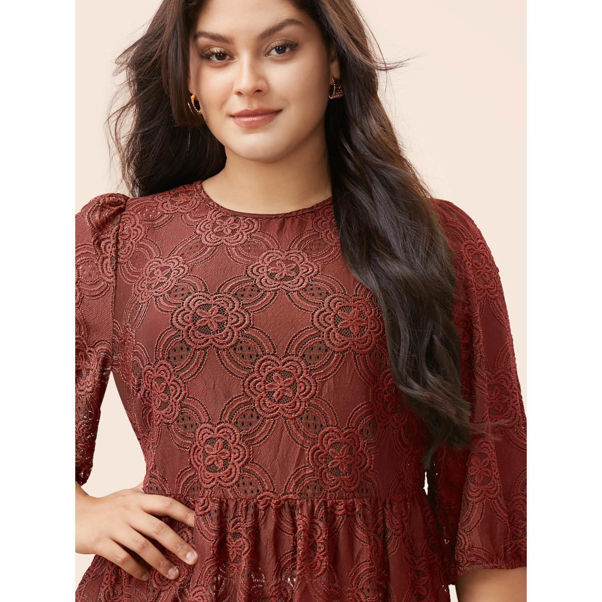 Plus Size Rust Crew Neck Crochet Lace Lantern Sleeve Blouse Women Elegant Elbow-length sleeve Round Neck Everyday Blouses BloomChic 26/4X Product Image