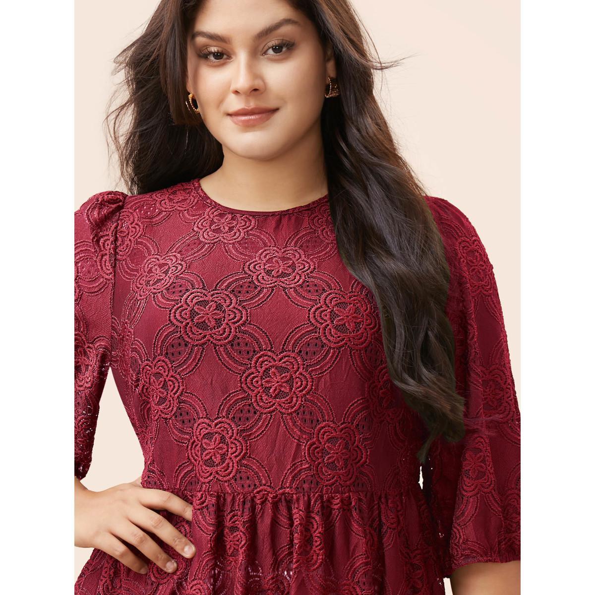 Plus Size Burgundy Crew Neck Crochet Lace Lantern Sleeve Blouse Women Elegant Elbow-length sleeve Round Neck Everyday Blouses BloomChic 10/M Product Image