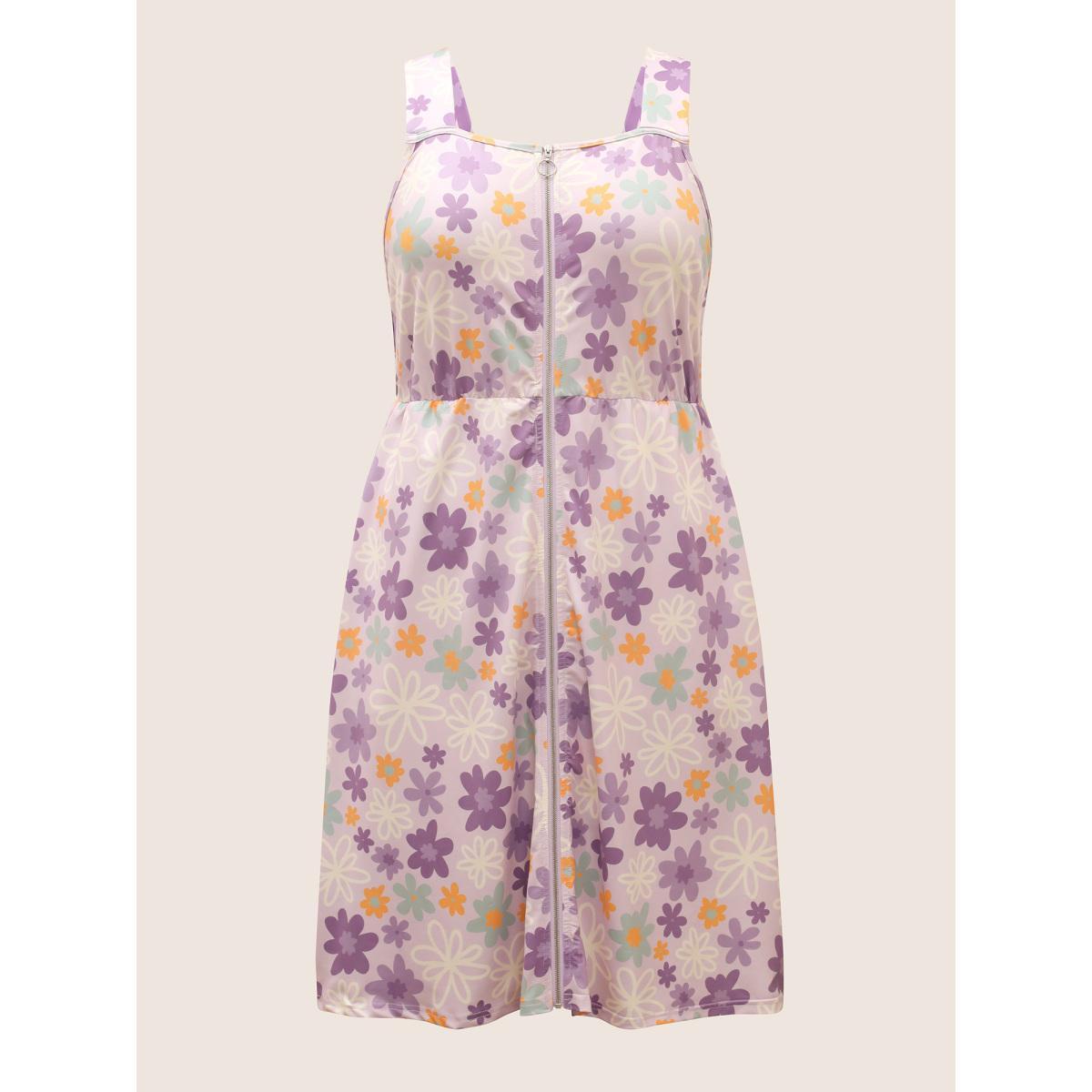 Plus Size Contrast Floral Zipper Sleeveless Midi Dress Lilac Women Casual Non Non Sleeveless Curvy BloomChic 26/4X Product Image