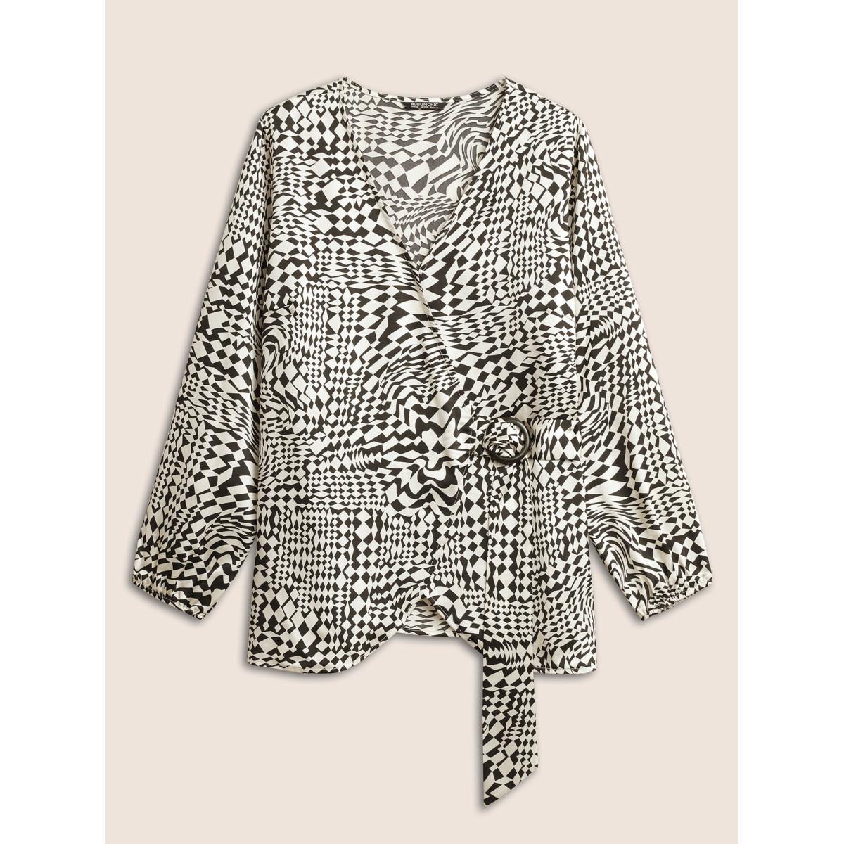 Plus Size Black Asymmetrical Geometric Wrap Button Detail Blouse Women At the Office Long Sleeve Overlap Collar Work Blouses BloomChic 28/5X Product Image