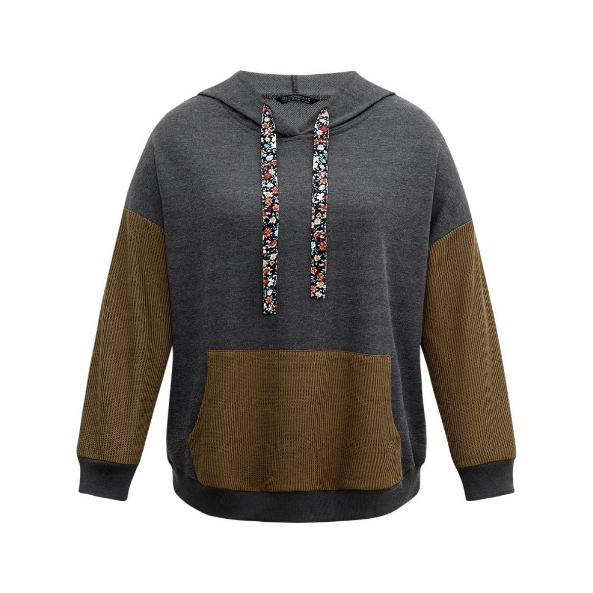 Plus Size Rib Knit Patchwork Ditsy Floral Ties Sweatshirt Women Gray Elegant Rib Knit Hooded Dailywear Sweatshirts BloomChic 14-16/1X Product Image