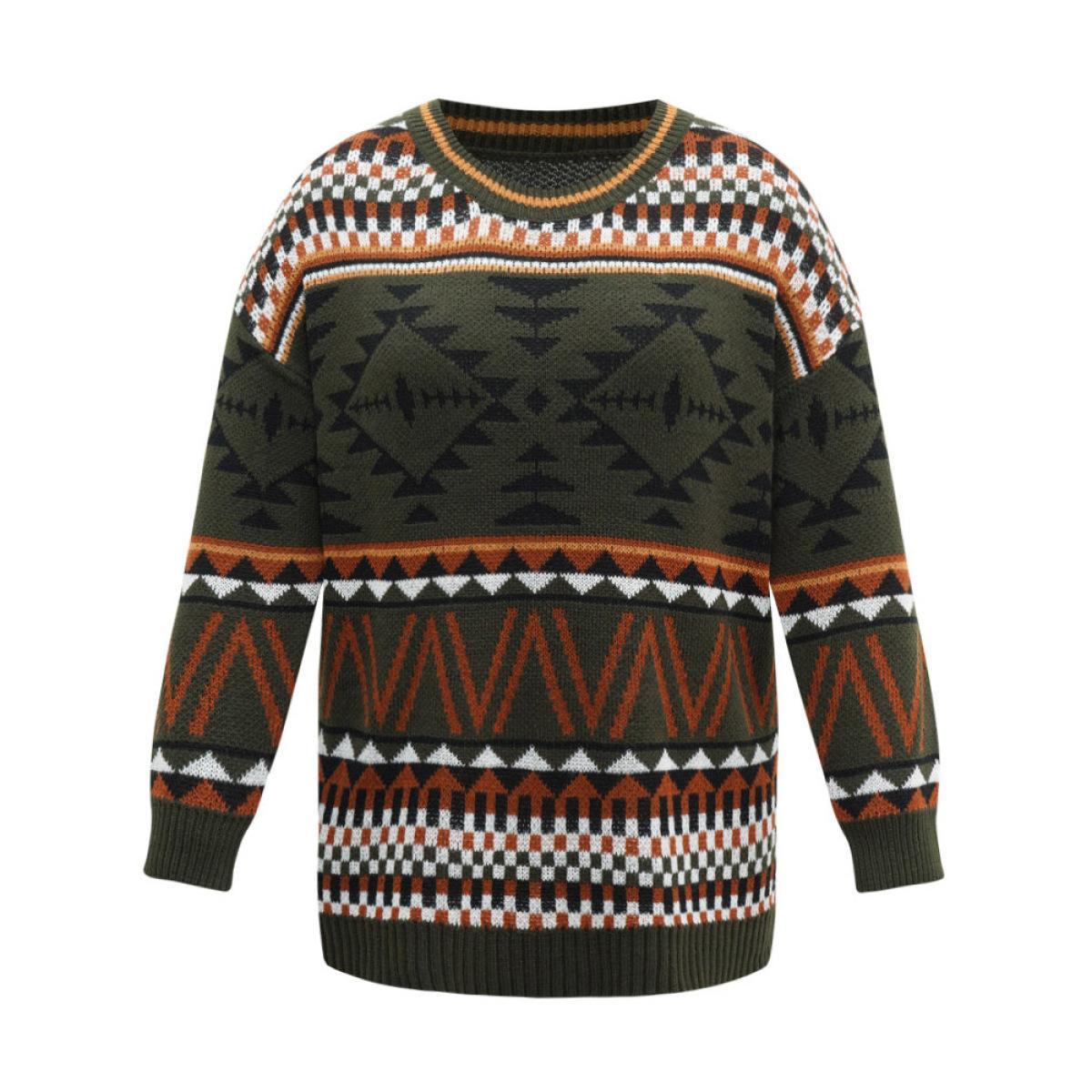 Plus Size Geometric Contrast Crew Neck Drop Shoulder Pullover DarkGreen Women Casual Loose Long Sleeve V-neck Everyday Pullovers BloomChic 26/4X Product Image