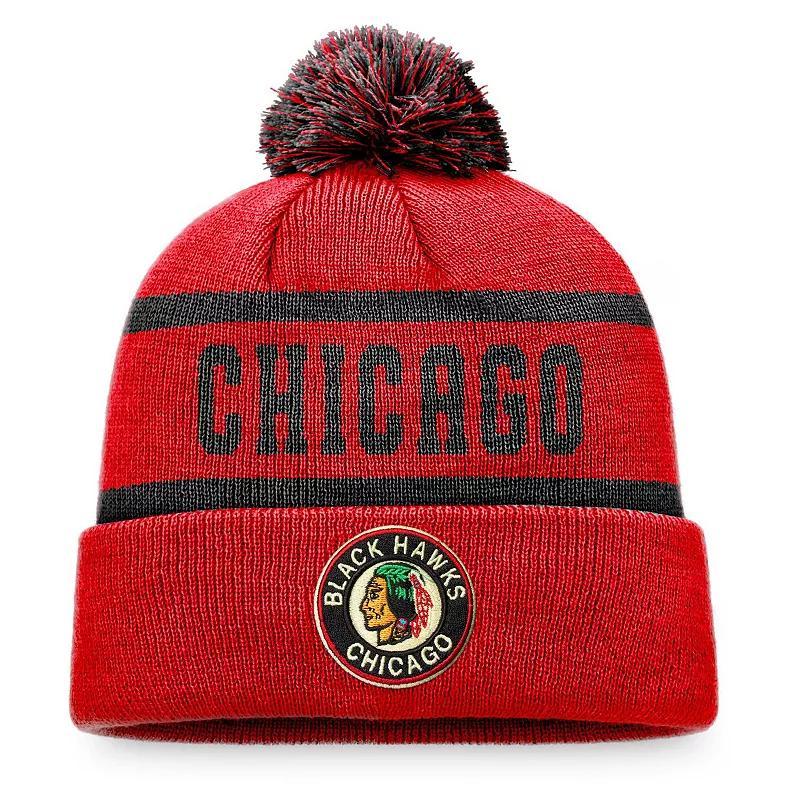 Mens Fanatics Branded /Black Chicago Blackhawks Original Six Cuffed Knit Hat with Pom Product Image