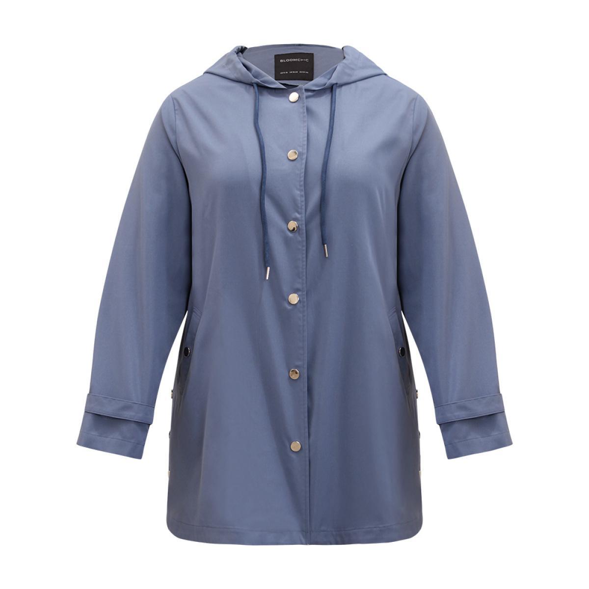 Plus Size Plain Button Detail Hooded Drawstring Coat Women DarkBlue Casual Plain Ladies Dailywear Winter Coats BloomChic 28/5X Product Image