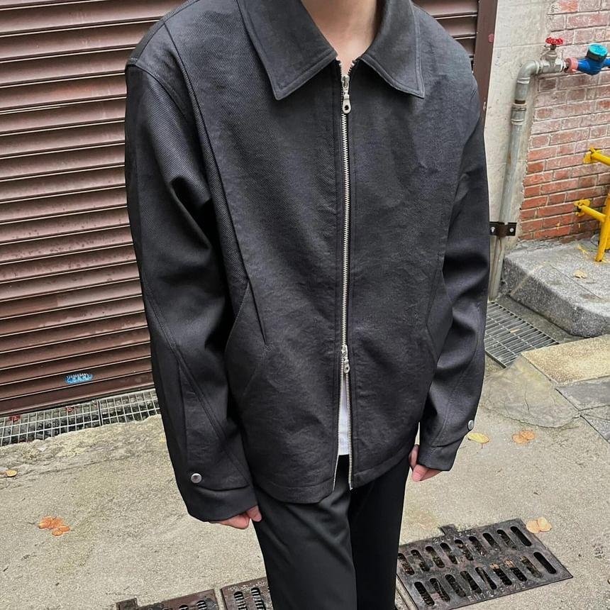 Collared Plain Zip-Up Jacket Product Image