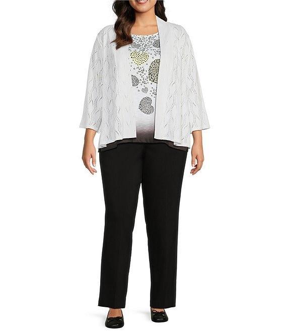 Allison Daley Plus Size 3/4 Sleeve Open-Front Wave Eyelet Knit Cardigan Product Image