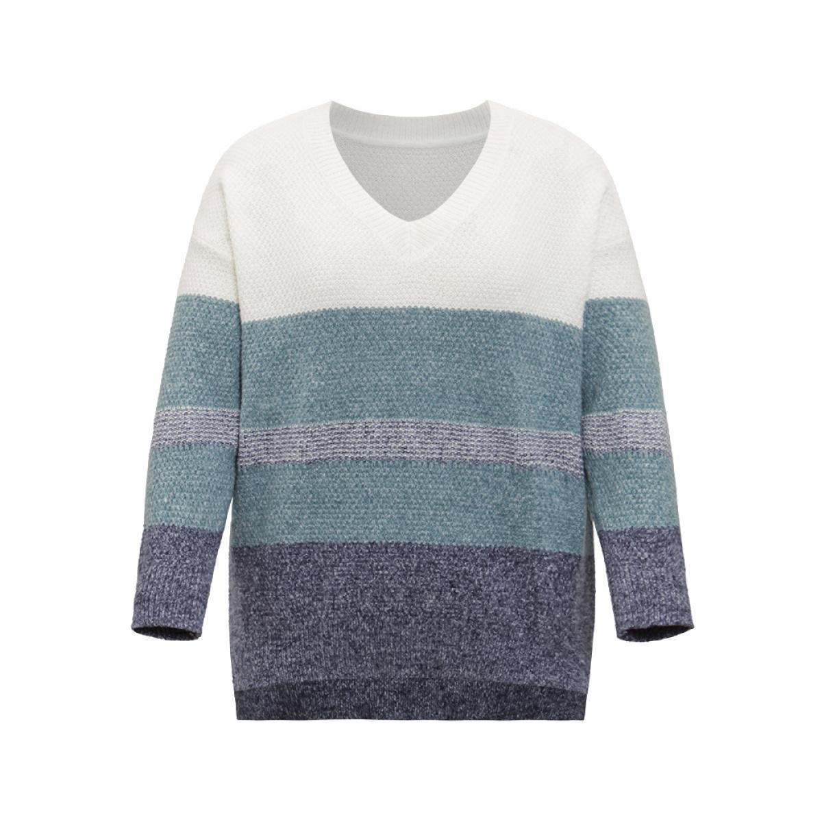 Plus Size Colorblock Heather Split Side High Low Hem Pullover Cerulean Women Casual Loose Long Sleeve V-neck Dailywear Pullovers BloomChic 28/5X Product Image