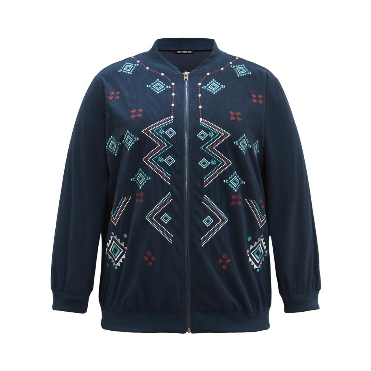 Plus Size Corduroy Geo Embroidered Zipper Fly Jacket Women Indigo Elastic cuffs Dailywear Jackets BloomChic 28/5X Product Image