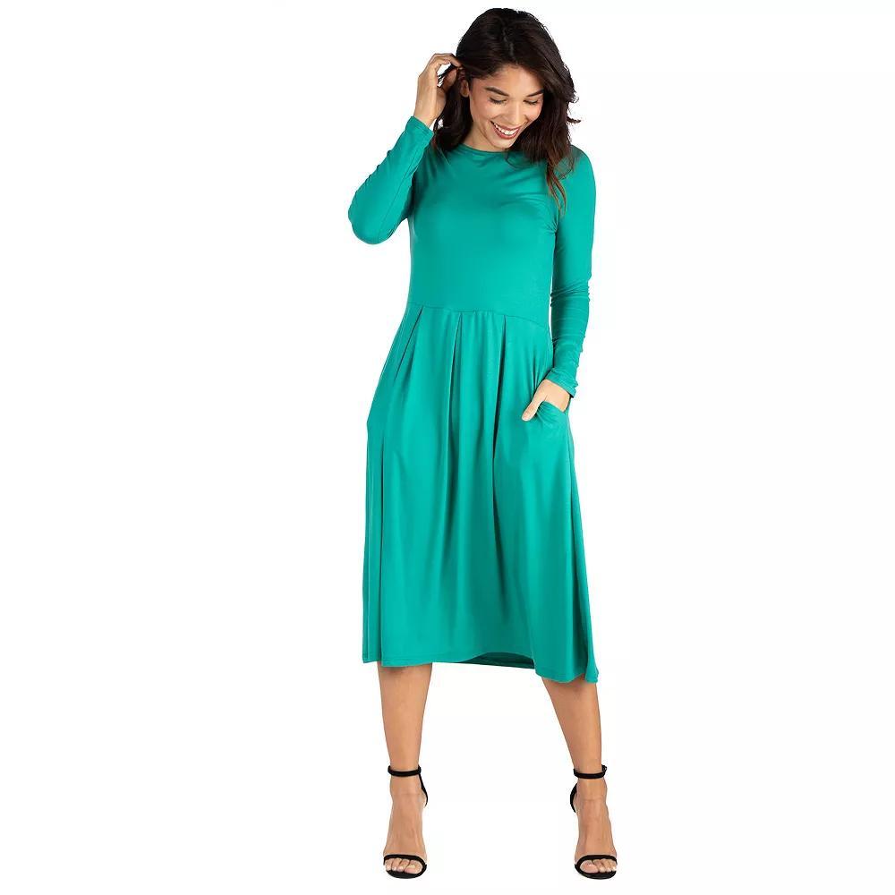 Women's 24Seven Comfort Apparel Long Sleeve Fit & Flare Dress with Pockets, Size: Large, Green Product Image
