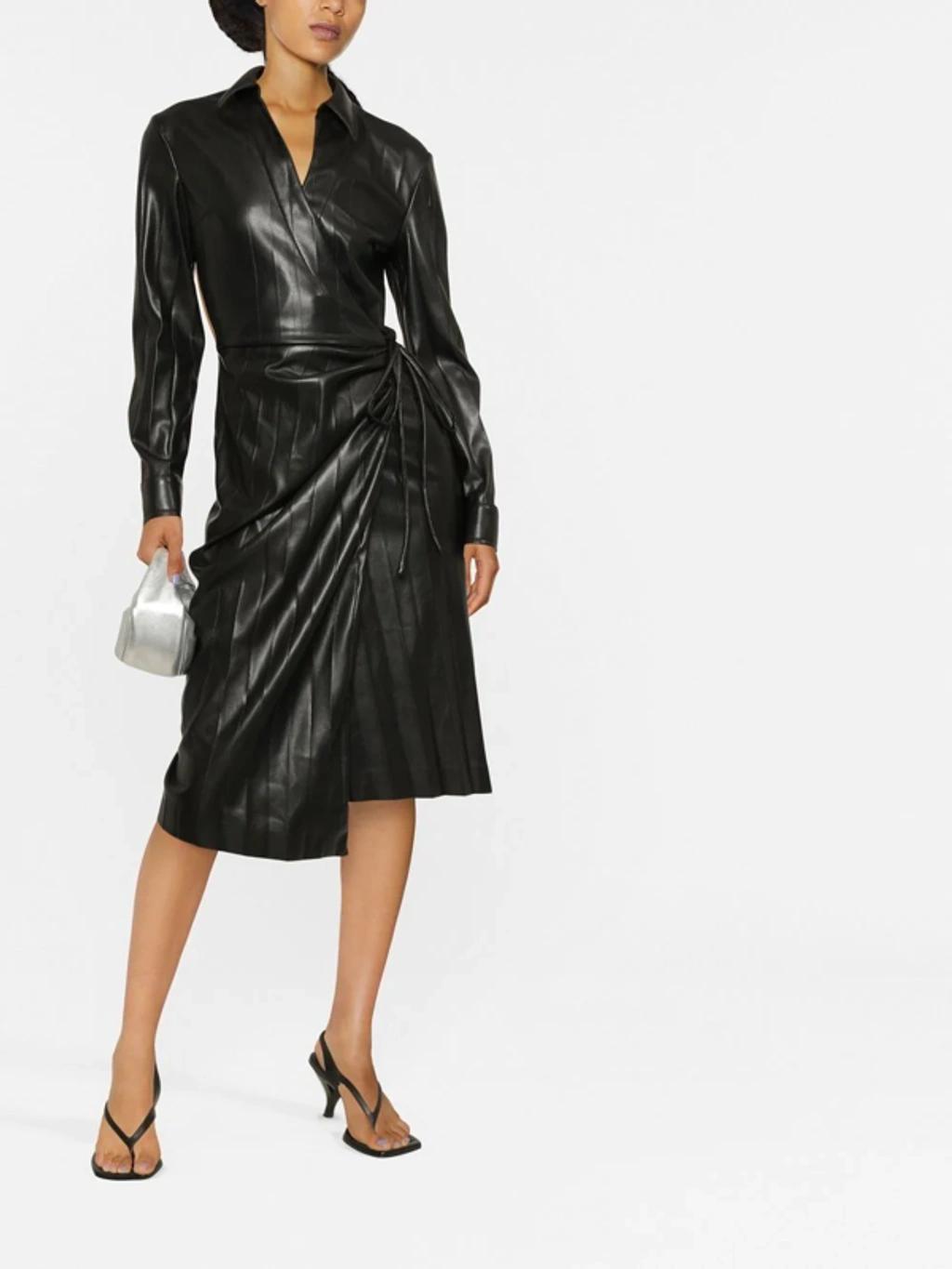 MSGM Faux-leather V-neck Wrap Dress In Nero Product Image