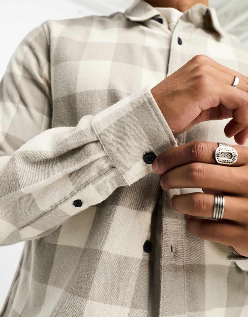 Only & Sons buffalo check shirt in ecru and beige Product Image