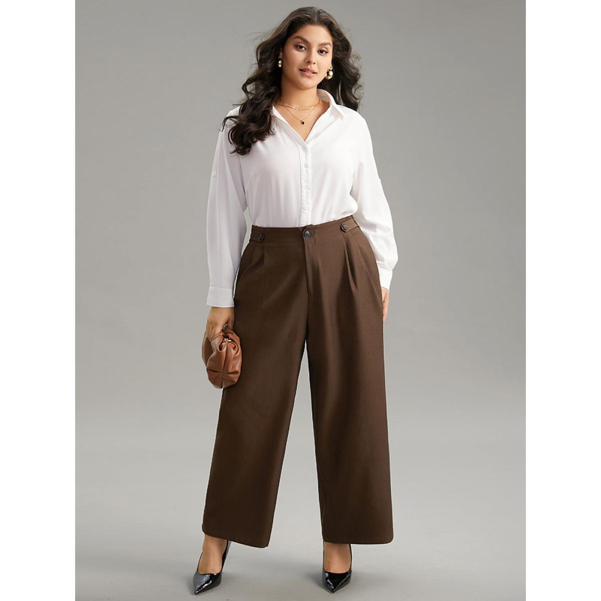 Plus Size Solid Elastic Waist Plicated Detail Straight Leg Pants Women DarkBrown Office Straight Leg High Rise Work Pants BloomChic 12/L Product Image