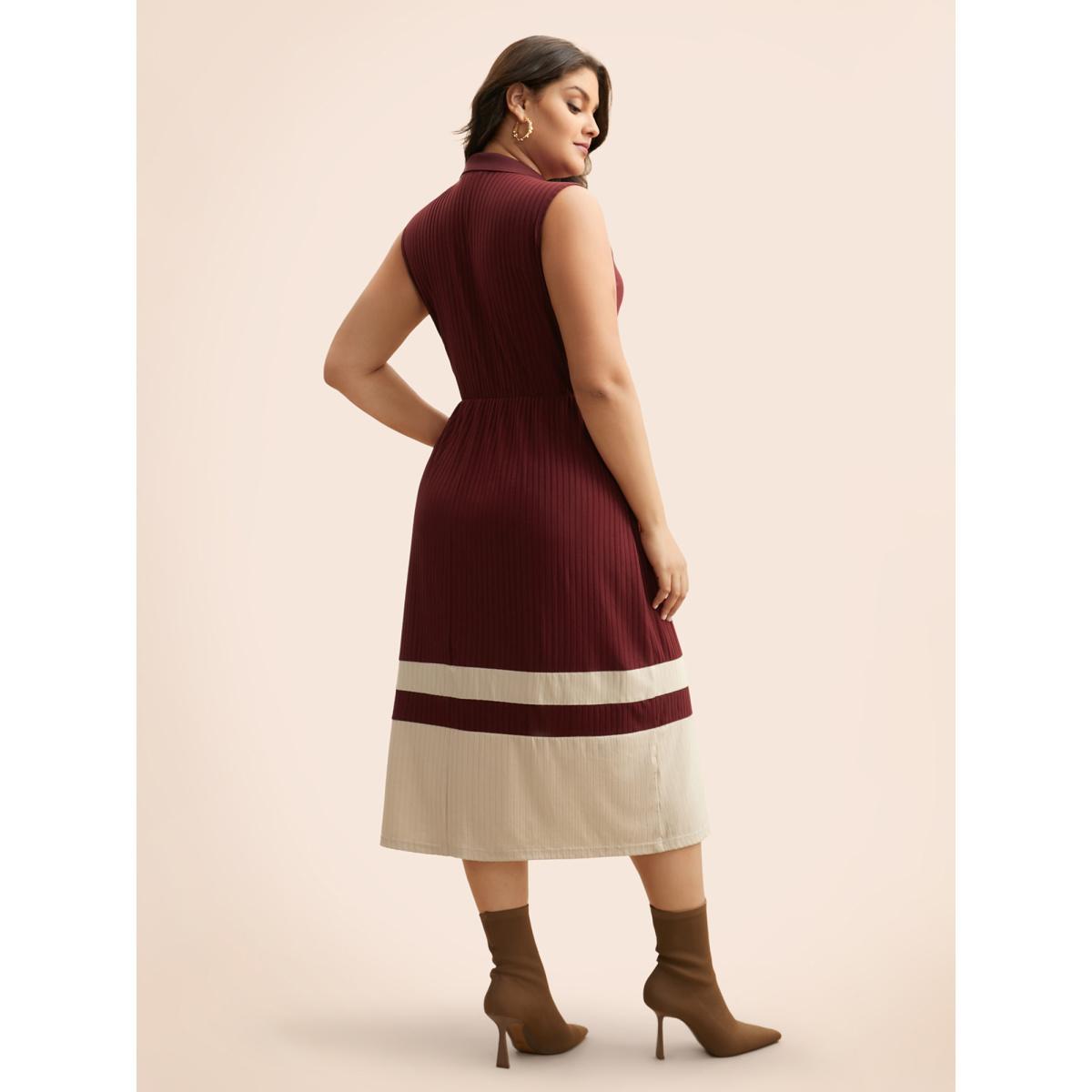 Plus Size Contrast Patchwork Button Up Dress Deepred Women Casual Texture Shirt collar Sleeveless Curvy BloomChic 14-16/1X Product Image