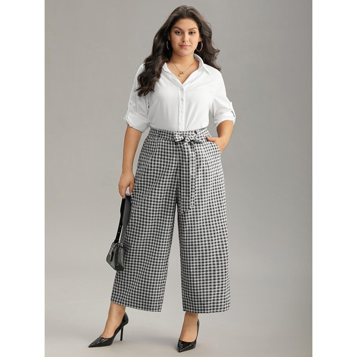 Plus Size Plaid Belted Bowknot Wide Leg Pants Women Black Office Wide Leg High Rise Work Pants BloomChic 10/M Product Image