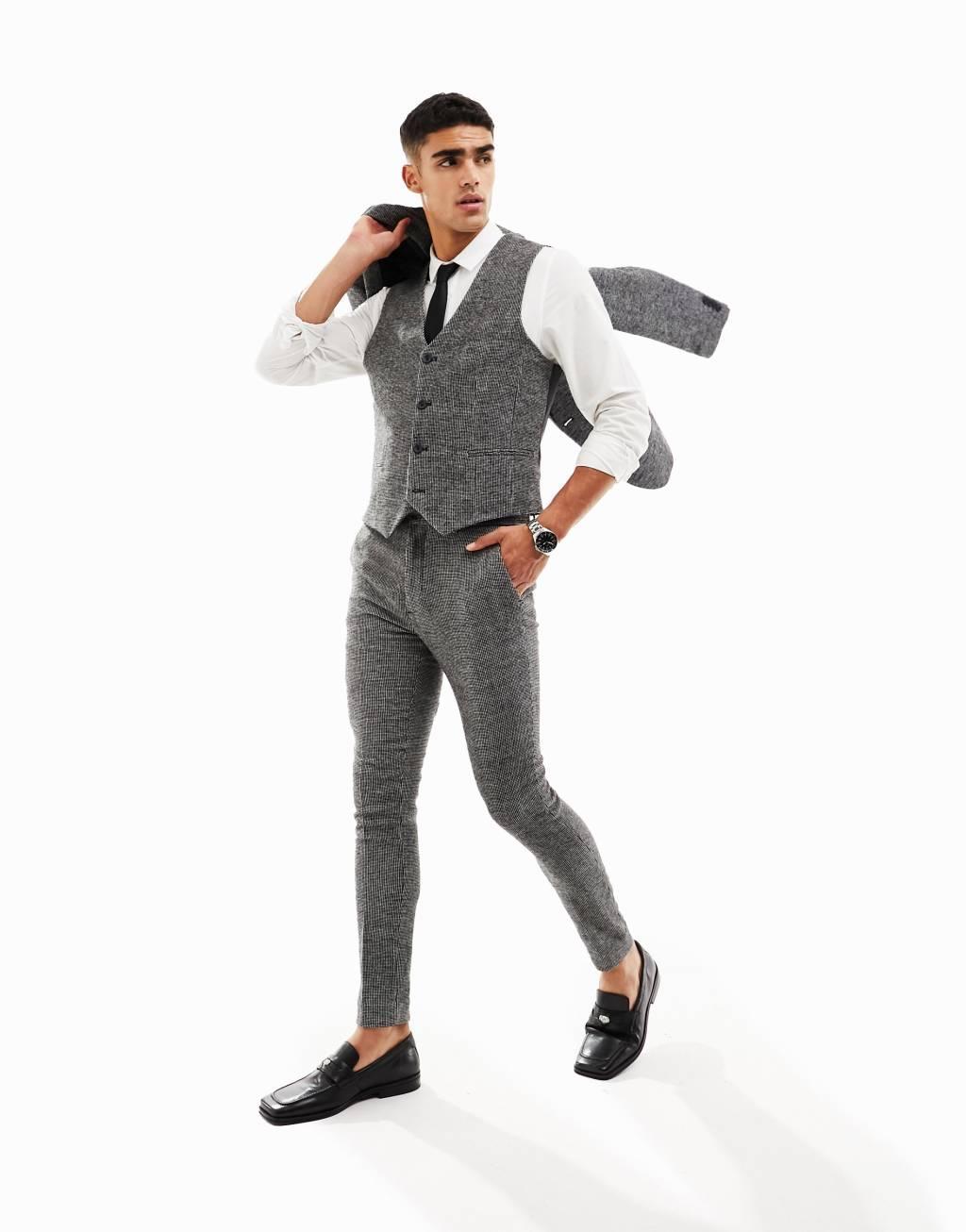 ASOS DESIGN wedding super skinny wool mix suit pants in monochrome puppytooth Product Image