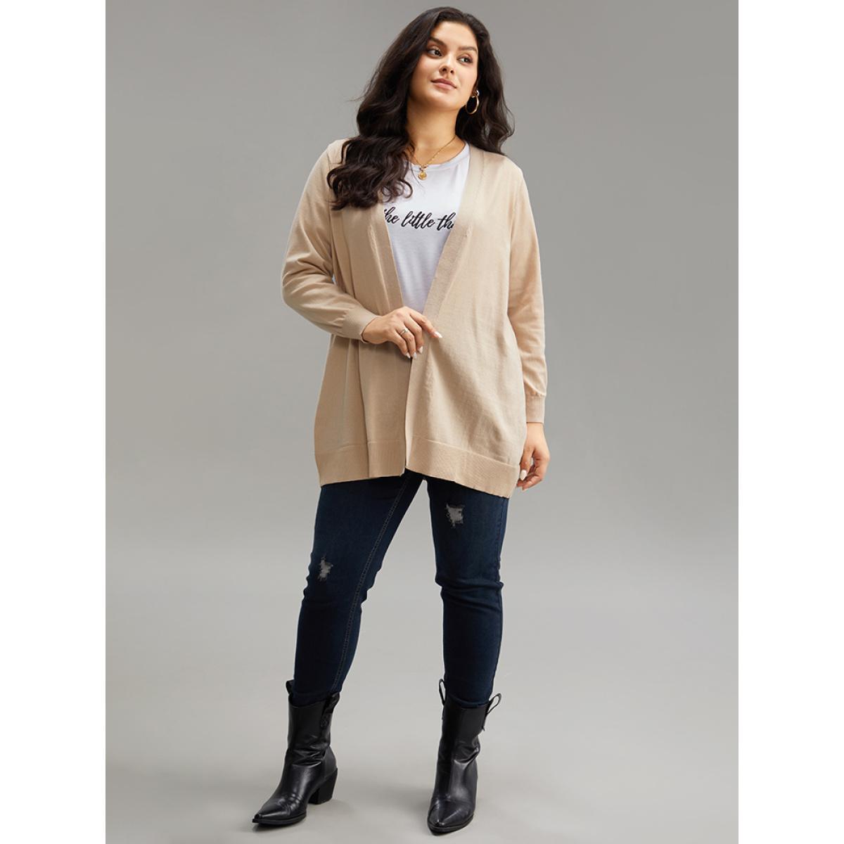 Plus Size Solid Elastic Cuffs Open Front Cardigan Champagne Women Casual Loose Long Sleeve Everyday Cardigans BloomChic 14-16/1X Product Image