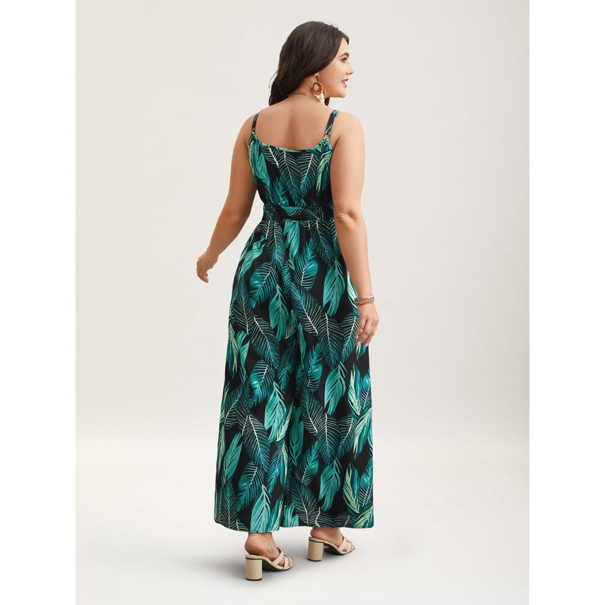 Plus Size Black Tropical Print Waist-Cinched Pockets Jumpsuit Women Resort Sleeveless Overlap Collar Vacation Loose Jumpsuits BloomChic 26/4X Product Image