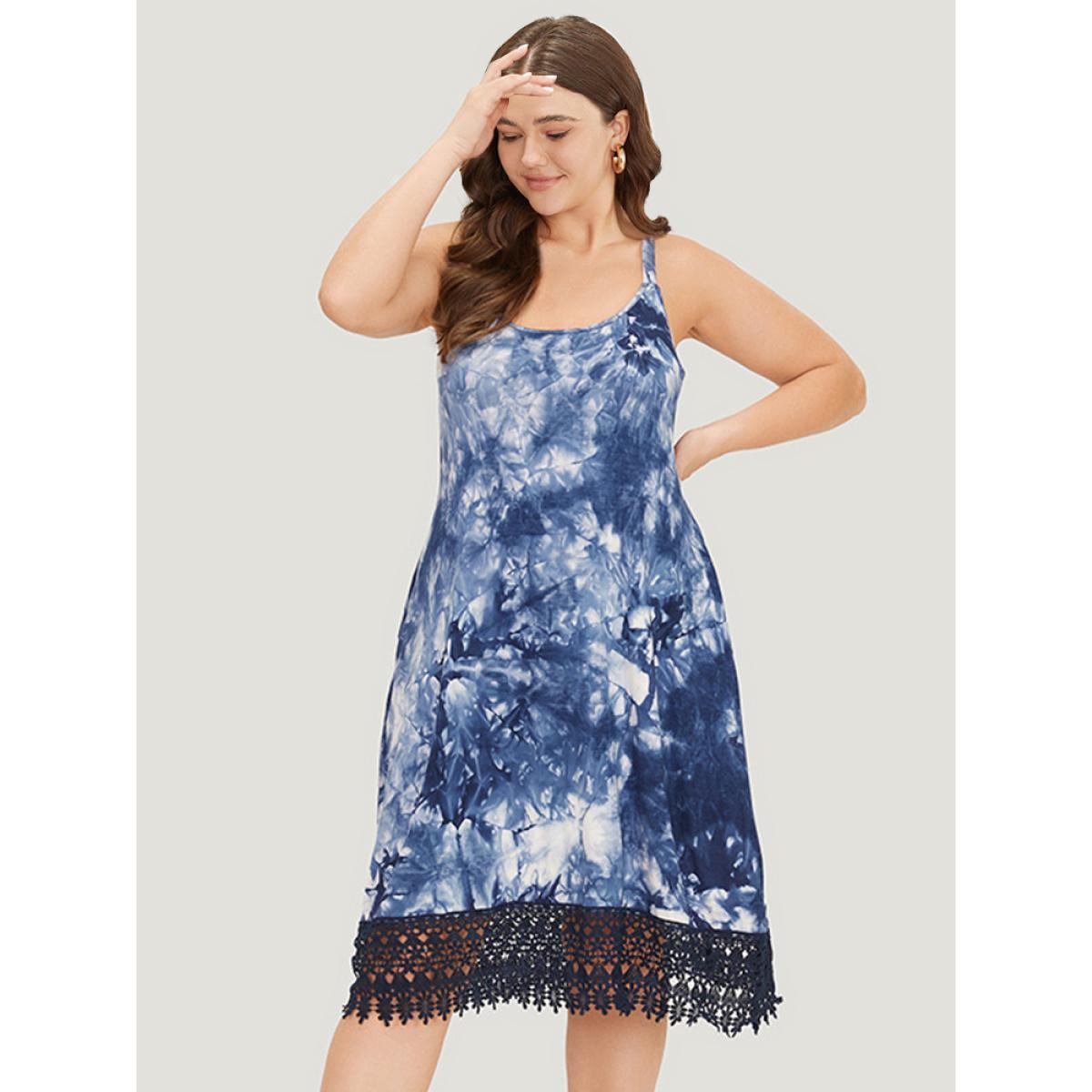Plus Size Tie Dye Pocket Lace Hem Cami Dress Indigo Women Vacation Adjustable Straps Spaghetti Strap Sleeveless Curvy Midi Dress BloomChic 12/L Product Image