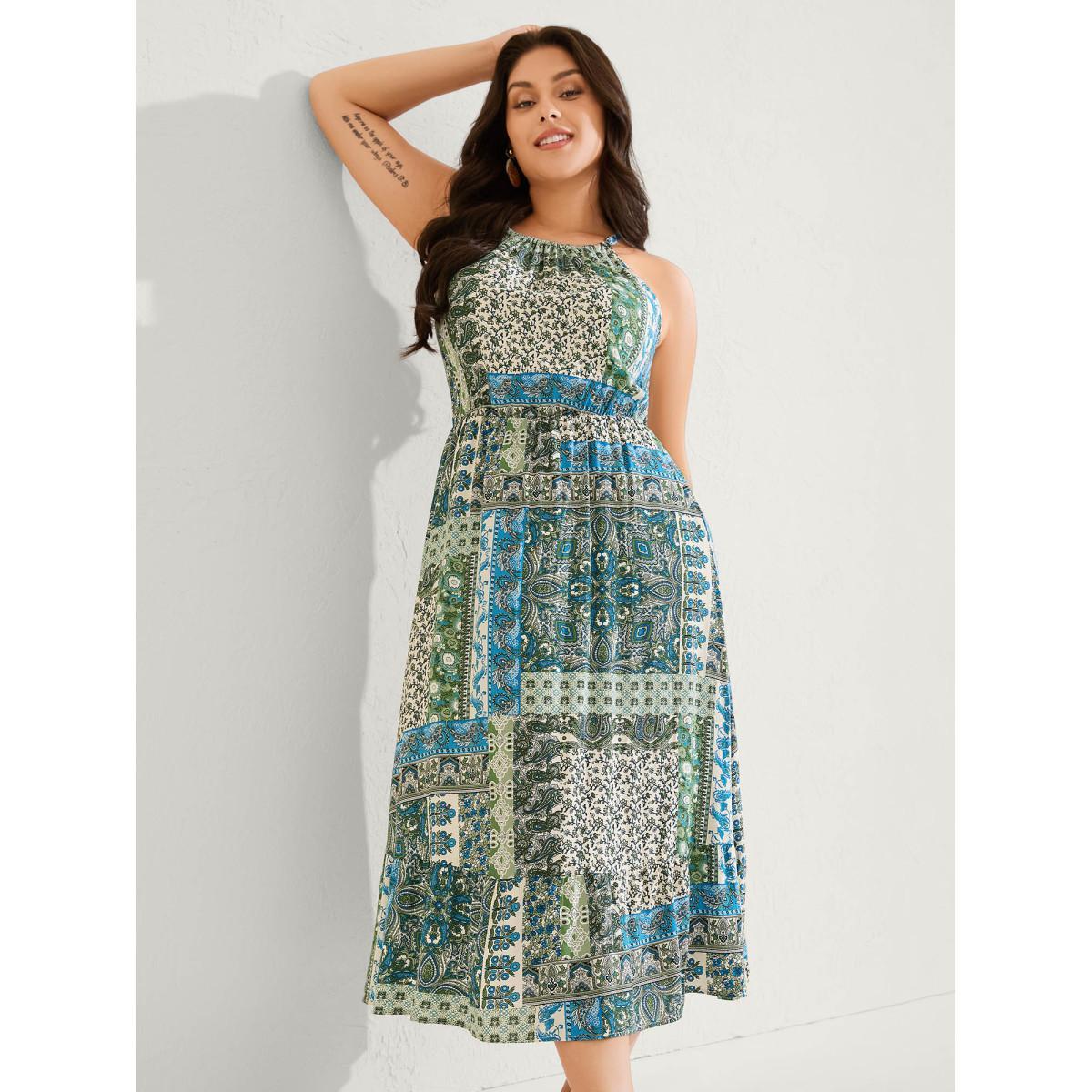 Plus Size Boho Print Halter Neck Pockets Midi Dress Multicolor Women Tie knot Round Neck Sleeveless Curvy BloomChic 14-16/1X Product Image