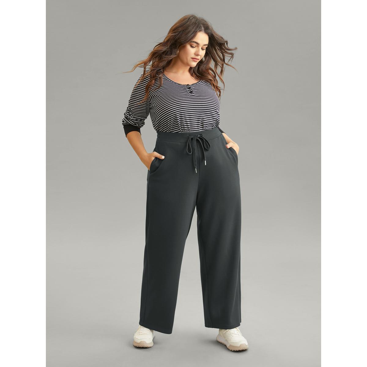 Plus Size Plain Wideband Waist Drawstring Pants Women DimGray Casual Straight Leg Mid Rise Dailywear Pants BloomChic 22-24/3X Product Image