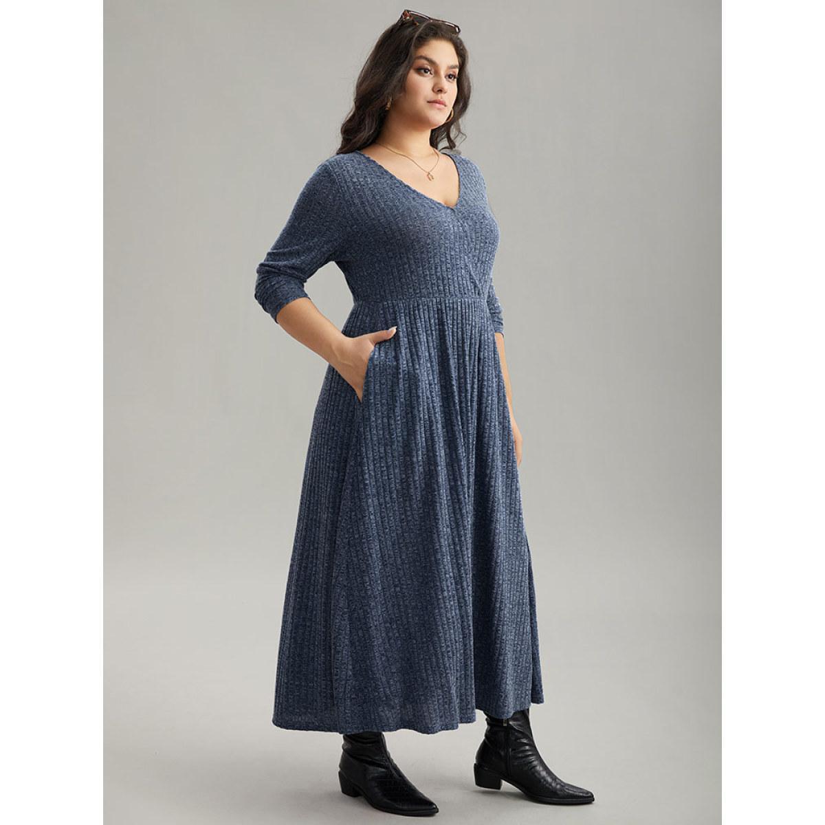 Plus Size Solid Rib Knit Overlap Collar Pocket Dress Indigo Women Casual Texture Overlap Collar Long Sleeve Curvy Midi Dress BloomChic 10/M Product Image