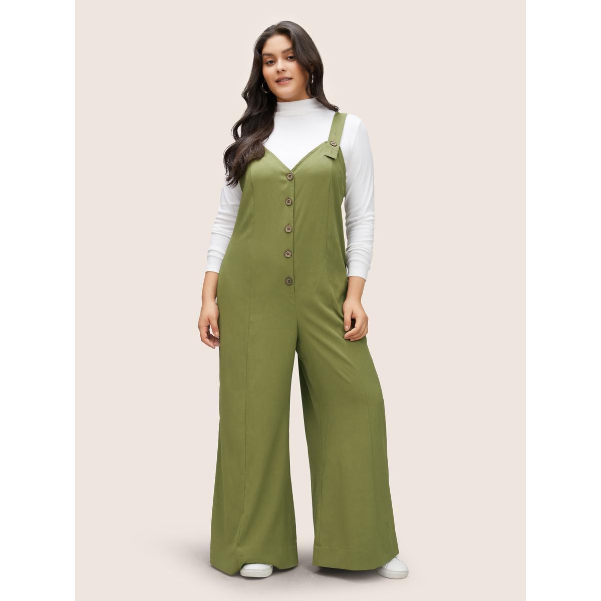 Plus Size ArmyGreen Solid Texture Button Up Crinkled Jumpsuit Women Casual Sleeveless V-neck Everyday Loose Jumpsuits BloomChic 22-24/3X Product Image