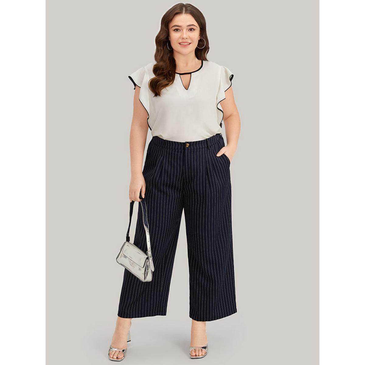 Plus Size Ivory Contrast Keyhole Ruffle Trim Cap Sleeve Blouse Women Office Cap Sleeve Keyhole Cut-Out Work Blouses BloomChic 18-20/2X Product Image