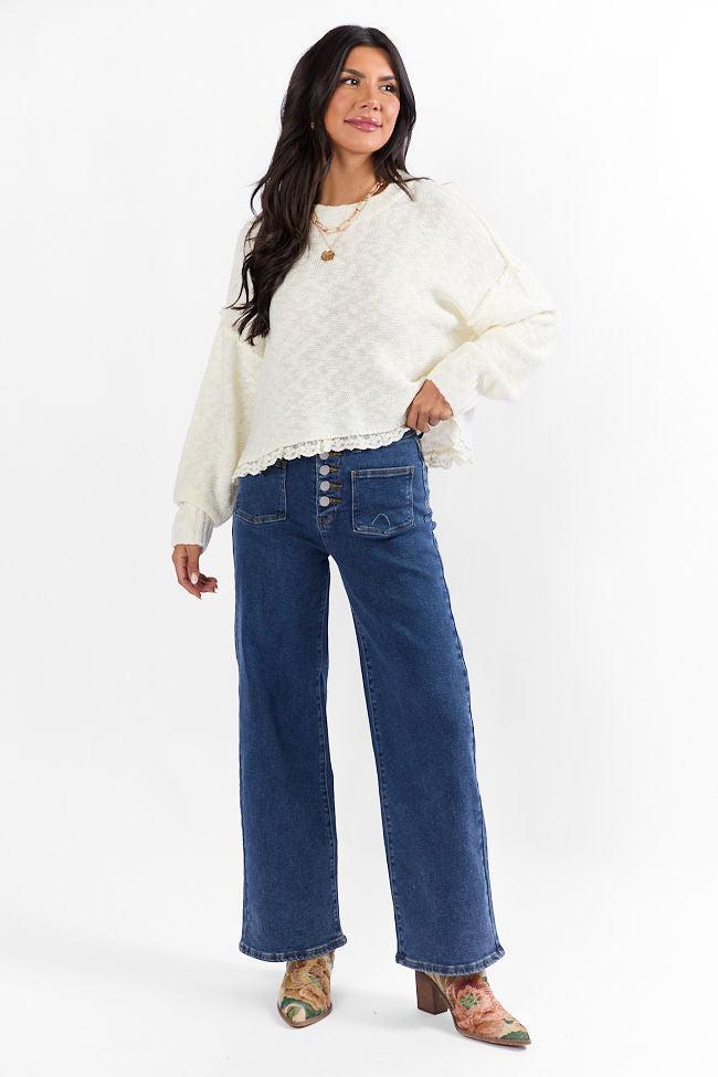 Harp On It Cream Lace Hem Crew Neck Sweater FINAL SALE Product Image