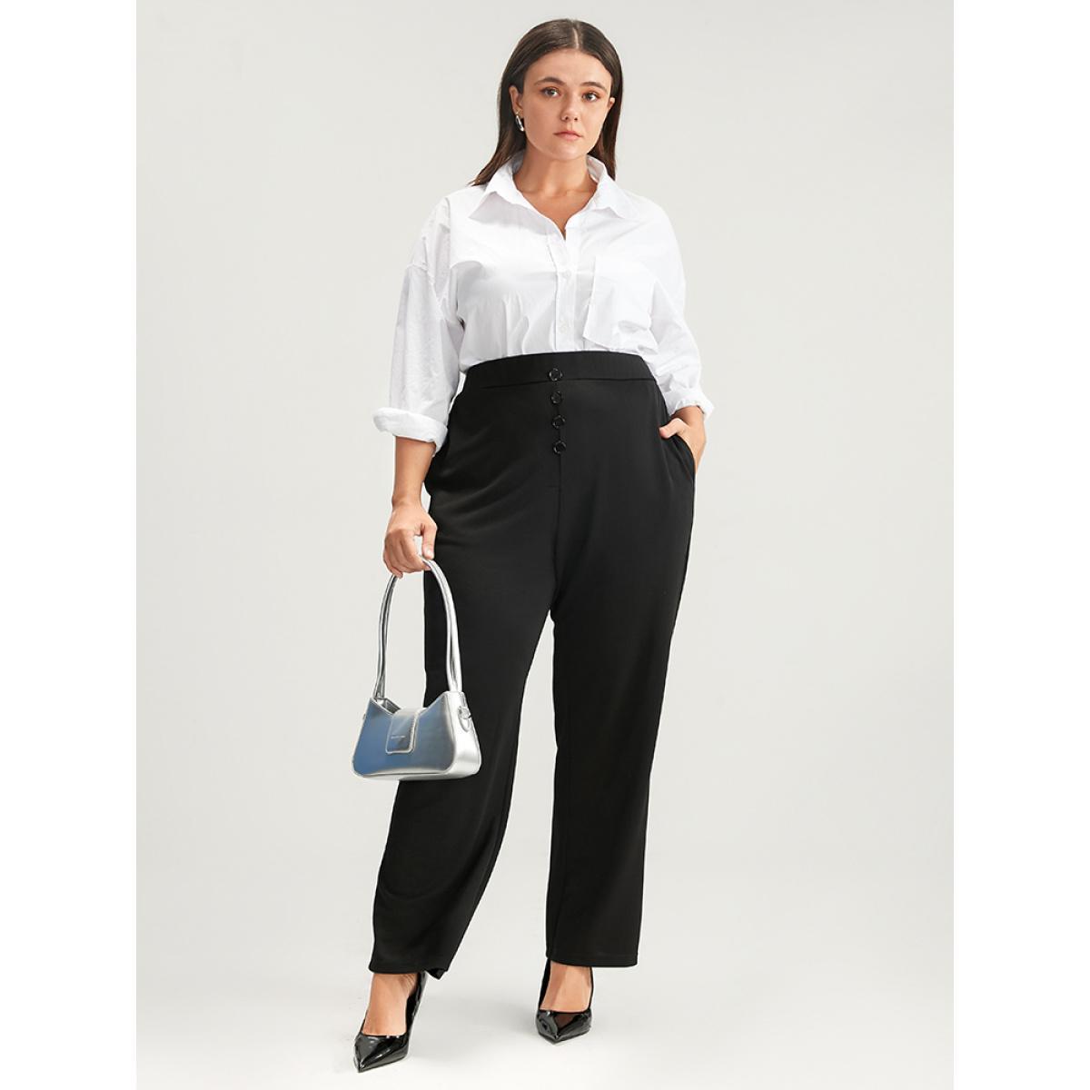 Plus Size Solid Elastic Waist Fake Button Pocket Pants Women Black Office High Rise Work Pants BloomChic 14-16/1X Product Image