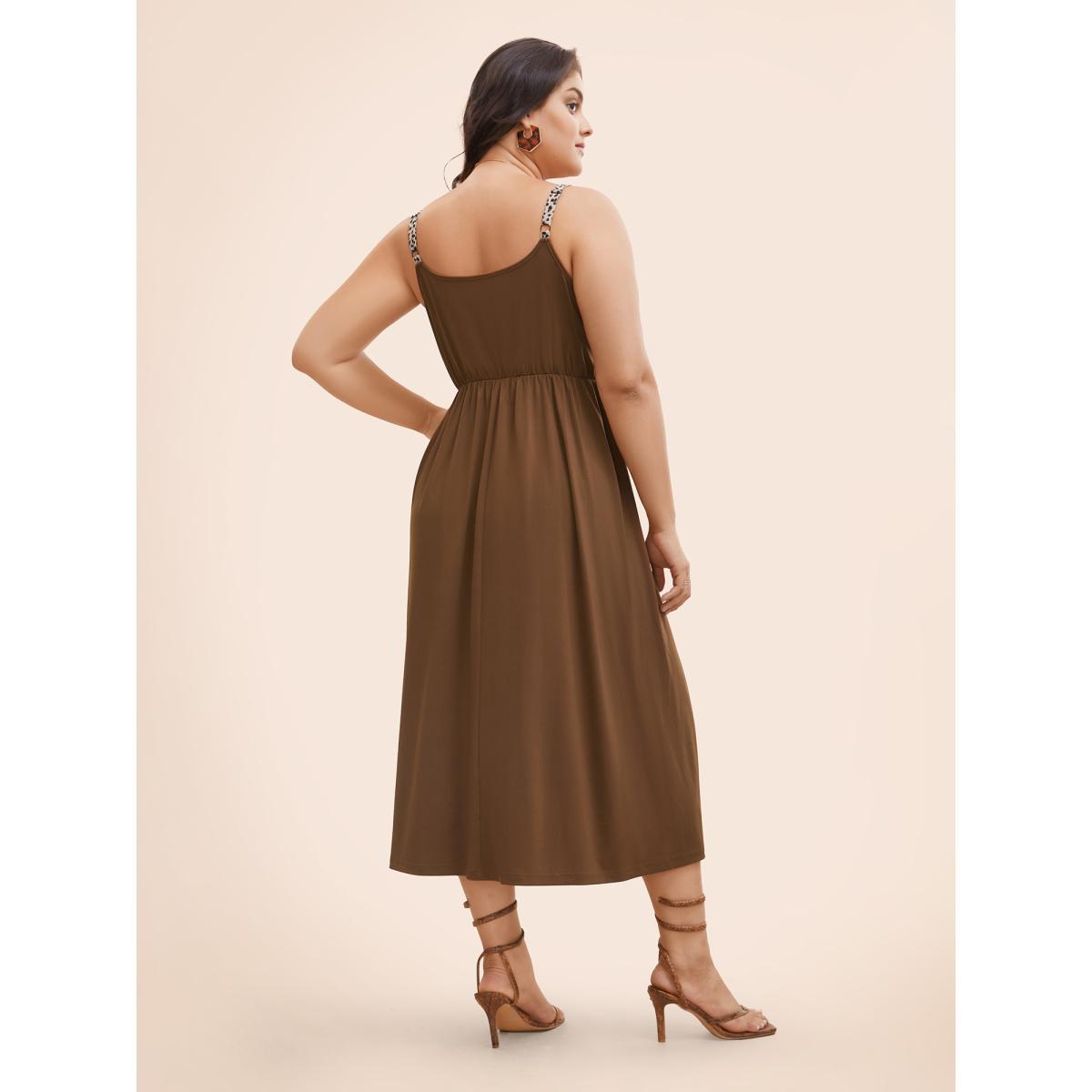 Plus Size Leopard Print Patchwork Ties Cami Dress Browncoffeecolor Women Elegant Tie knot V-neck Sleeveless Curvy BloomChic 22-24/3X Product Image