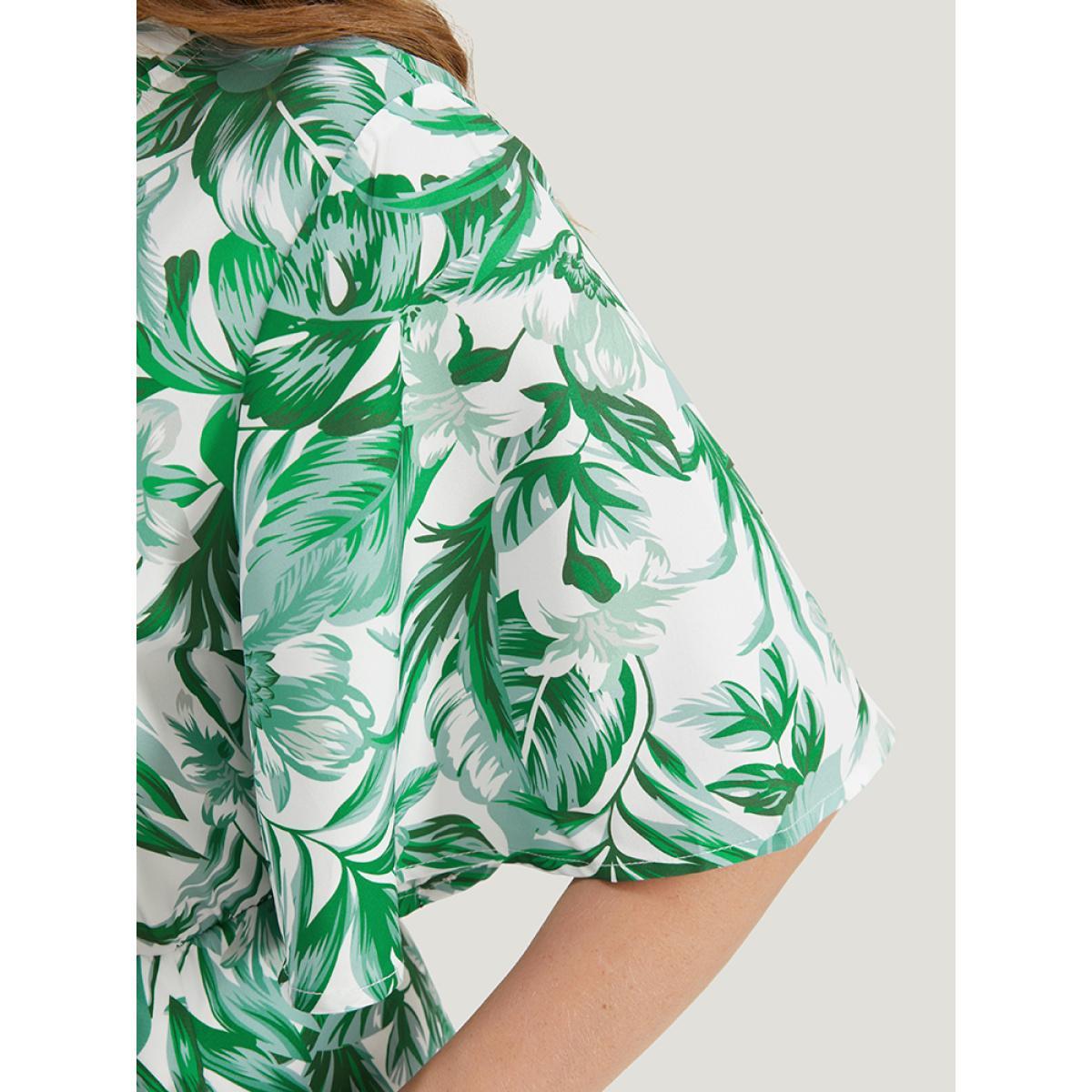 Plus Size Plant Print Pocket Keyhole Tie Neck Frill Trim Flutter Dress Green Women Vacation V-neck Half Sleeve Curvy Midi Dress BloomChic 10/M Product Image