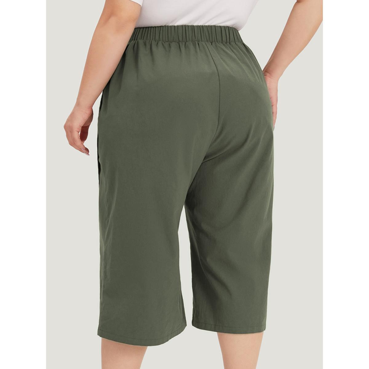 Plus Size Solid Pocket Wrap Hem Elastic Waist Pants Women ArmyGreen Casual Straight Leg High Rise Dailywear Pants BloomChic 10/M Product Image