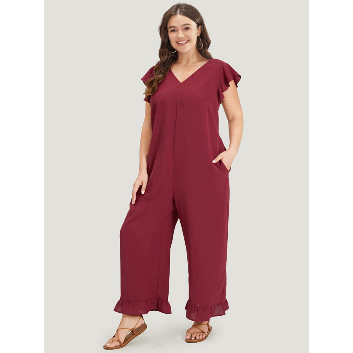 Plus Size Burgundy Plain Ruffle Cap Sleeve V Neck Zipper Jumpsuit Women Casual Cap Sleeve V-neck Dailywear Loose Jumpsuits BloomChic 22-24/3X Product Image