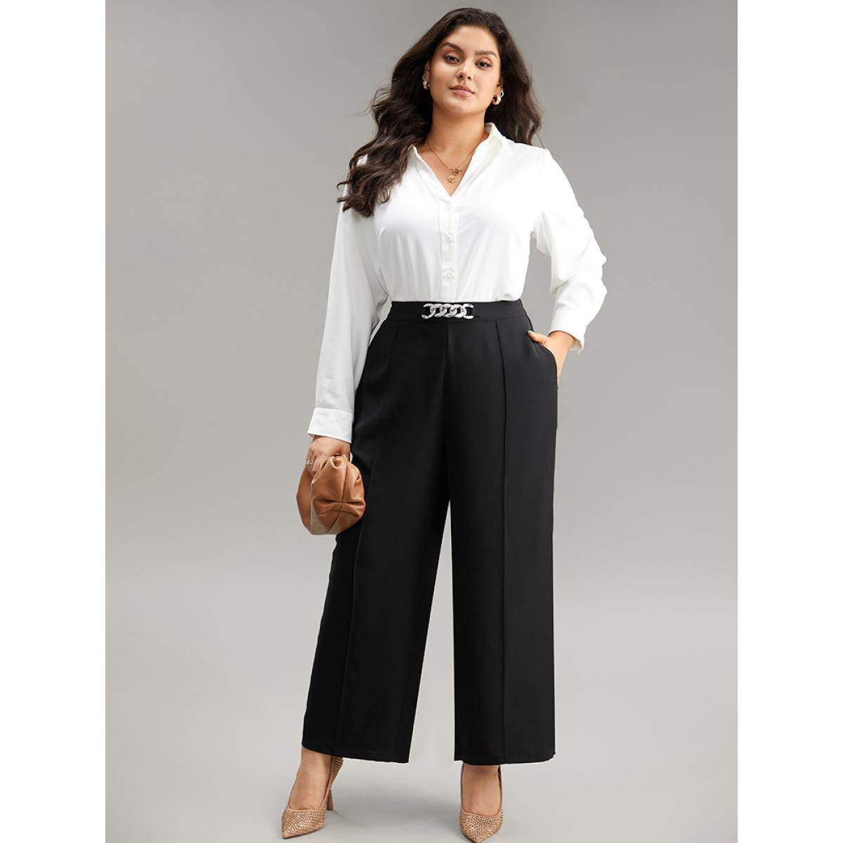 Plus Size Metal Detail Pleated Wide Leg Pants Women Black Office Wide Leg High Rise Work Pants BloomChic 26/4X Product Image