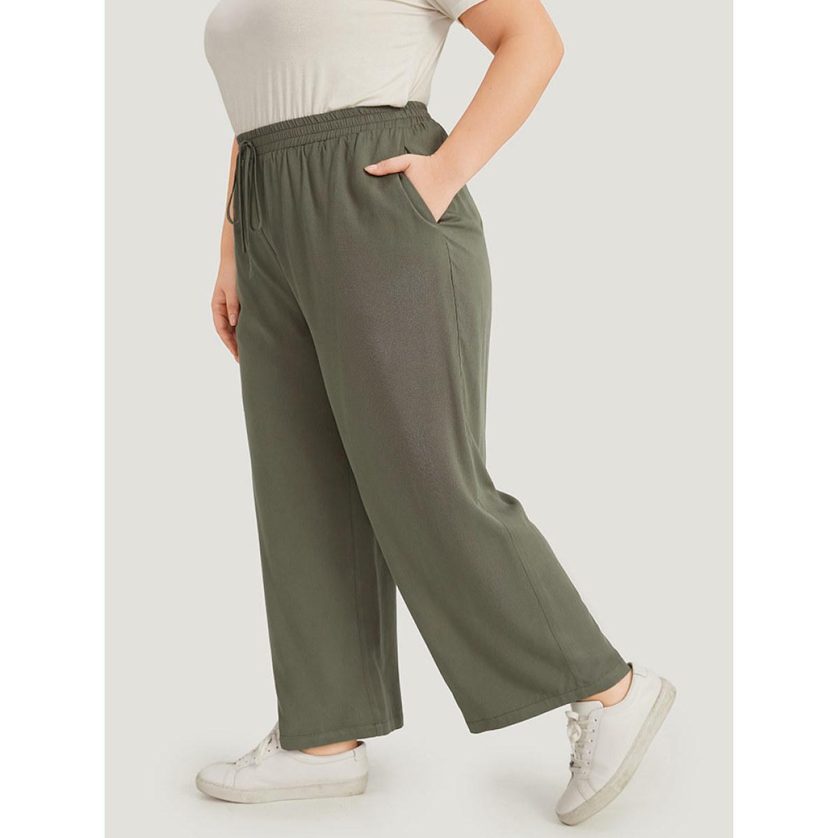 Plus Size Solid Elastic Waist Pocket Ties Pants Women ArmyGreen Casual Straight Leg High Rise Dailywear Pants BloomChic 28/5X Product Image