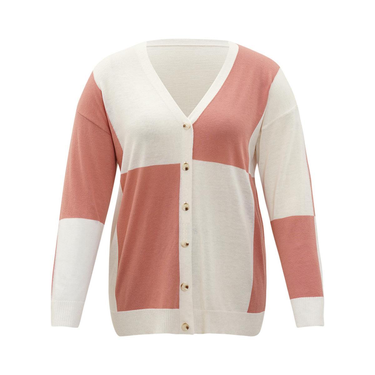 Plus Size Supersoft Essentials Colorblock Two Tone Button Up Cardigan Salmon Women Casual Loose Long Sleeve Everyday Cardigans BloomChic 18-20/2X Product Image