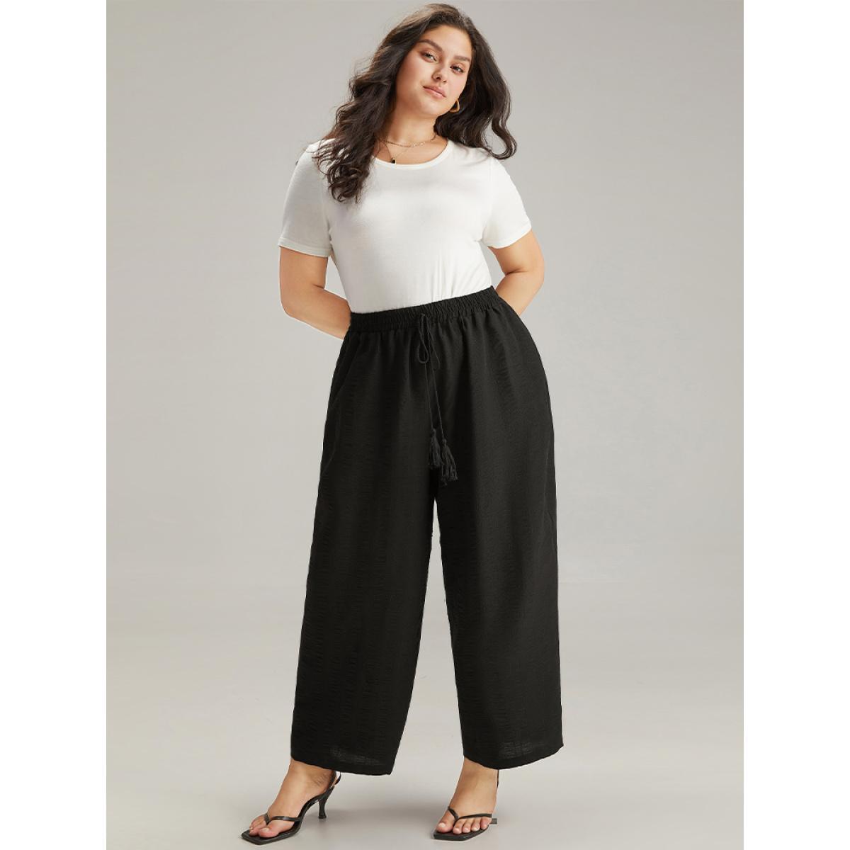 Plus Size Plain Tassel Knot Pocket Elastic Waist Pants Women Black Vacation Straight Leg High Rise Dailywear Pants BloomChic 30/6X Product Image