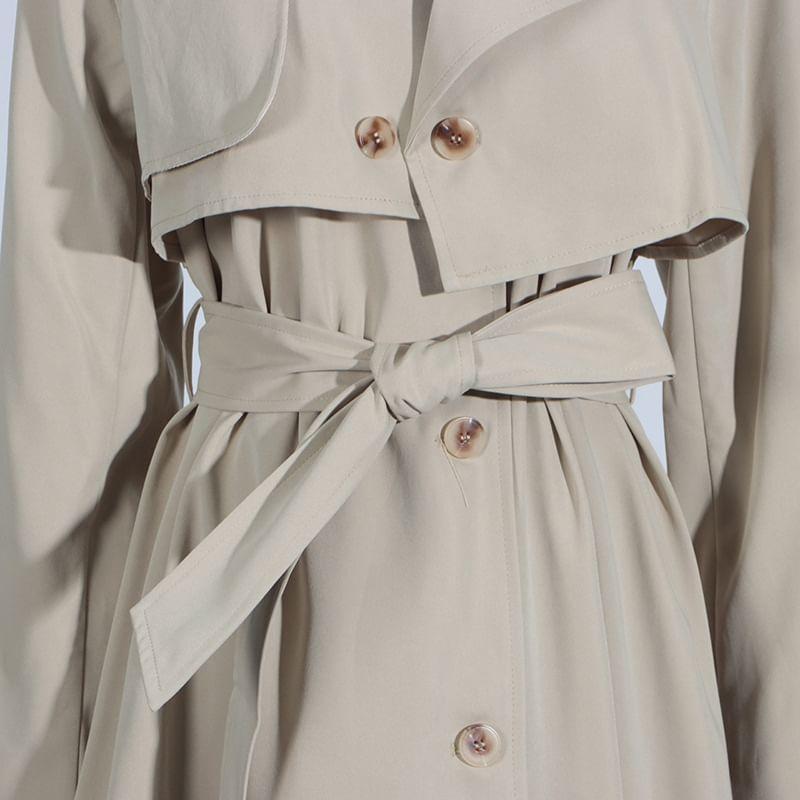 Collared Plain Panel High-Low Button Trench Coat Product Image