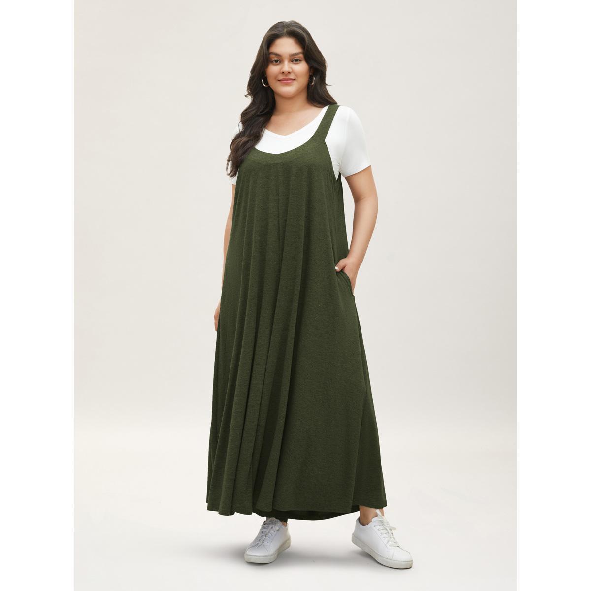 Plus Size ArmyGreen Supersoft Essentials Solid Pocket Adjustable Straps Jumpsuit Women Casual Sleeveless Non Everyday Loose Jumpsuits BloomChic 18-20/2X Product Image
