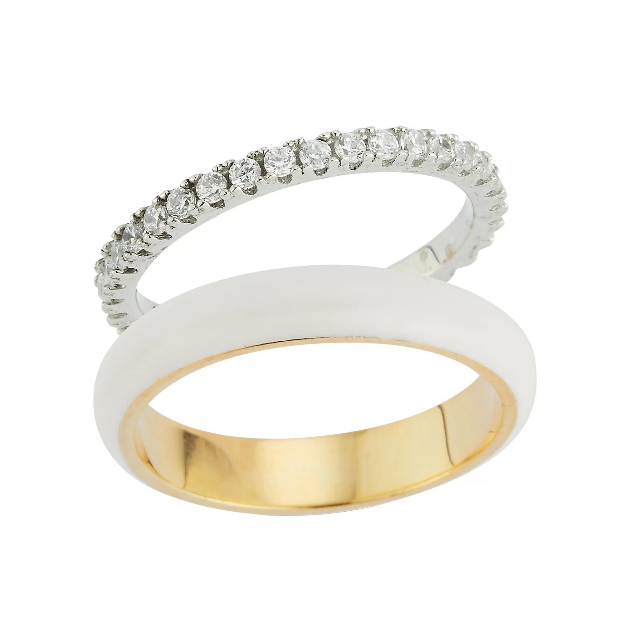 Sunkissed Sterling 14k Gold Over Silver & Sterling Silver Cubic Zirconia Enamel Ring Set, Women's, Size: 6, Two Tone White Product Image