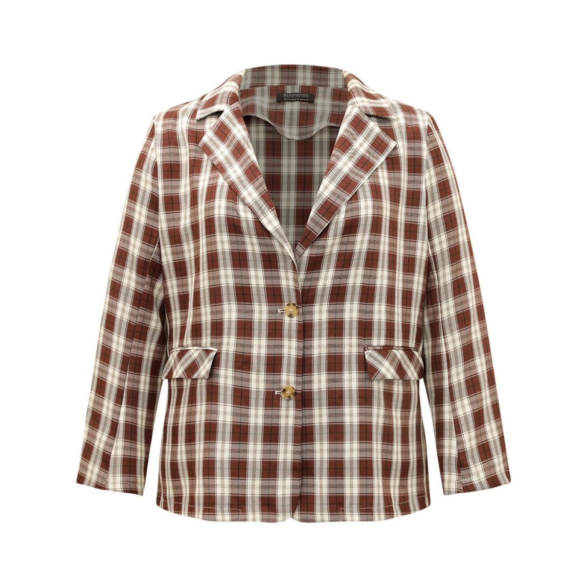 Plus Size Plaid Button Through Flap Pocket Blazer Bronze Women Dailywear Plaid Button Sleeve Long Sleeve Suit Collar 28/5X Pocket Casual Blazers BloomChic Product Image