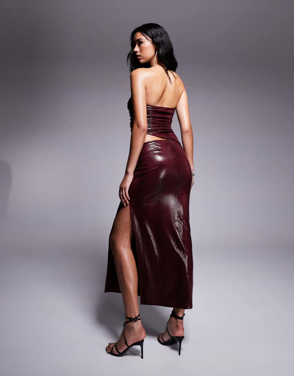 ASOS DESIGN croc leather look column skirt in burgundy - part of a set Product Image