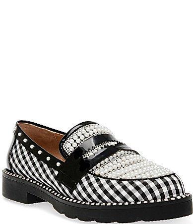 Betsey Johnson Womens Darian Pearl-Embellished Tailored Lug-Sole Loafers - Black Product Image