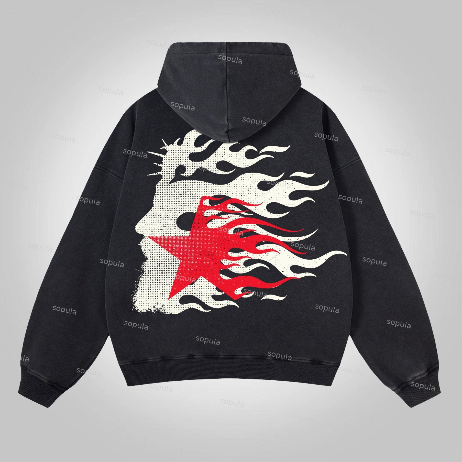 Sopula Flame Jesus Silhouette Vintage Graphic Washed Zip-Up Hoodie Product Image
